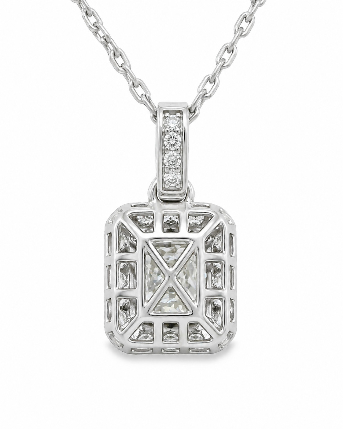 1.40ct Natural Radiant Diamond Halo Pendant Art Deco Necklace 18K White Gold