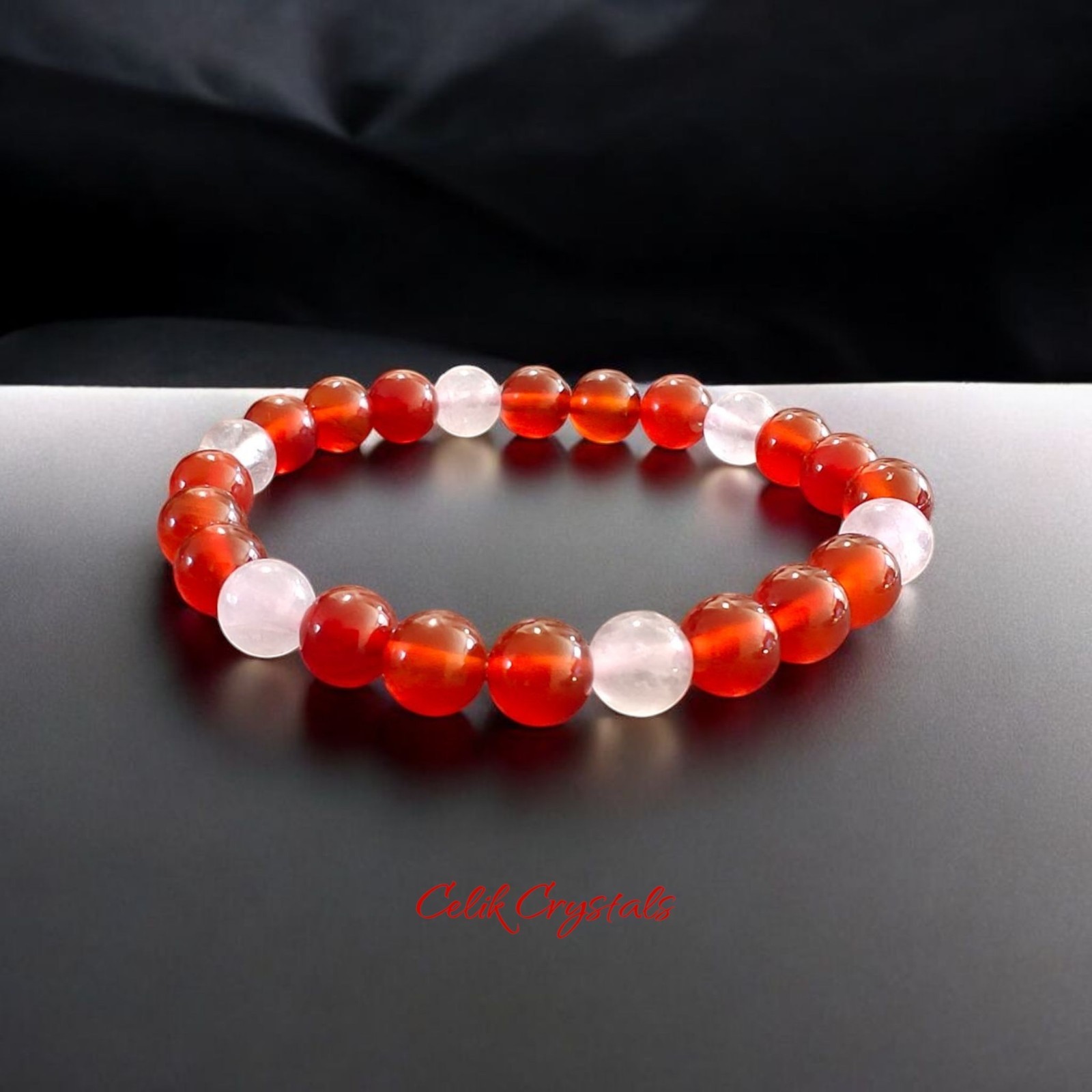 Rose Quartz & Carnelian Bracelet 2 Piece Set Natural Stones 8mm Stretches