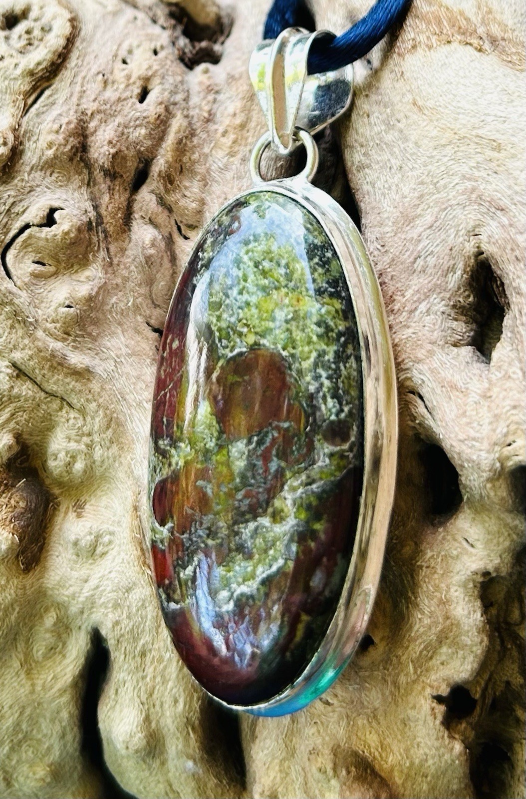 DRAGON’S BLOOD Stone Bloodstone JASPER Pendant Oval Sterling Silver Pendant