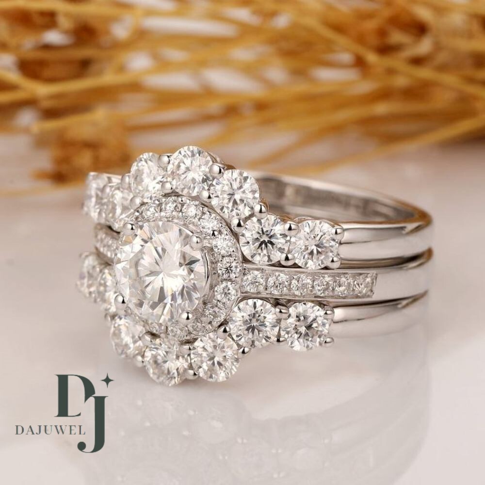 3.50 Ct Round Cut White Moissanite Trio Set Engagement Ring Solid 14K White Gold