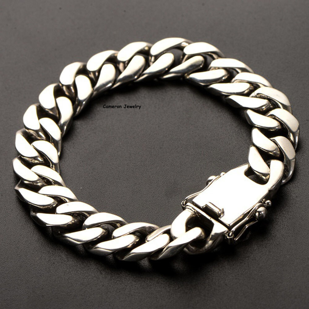 Real S925 Sterling Silver Chain Men 12mm Curb Cuban Link Bracelet 7.9-8.3inch