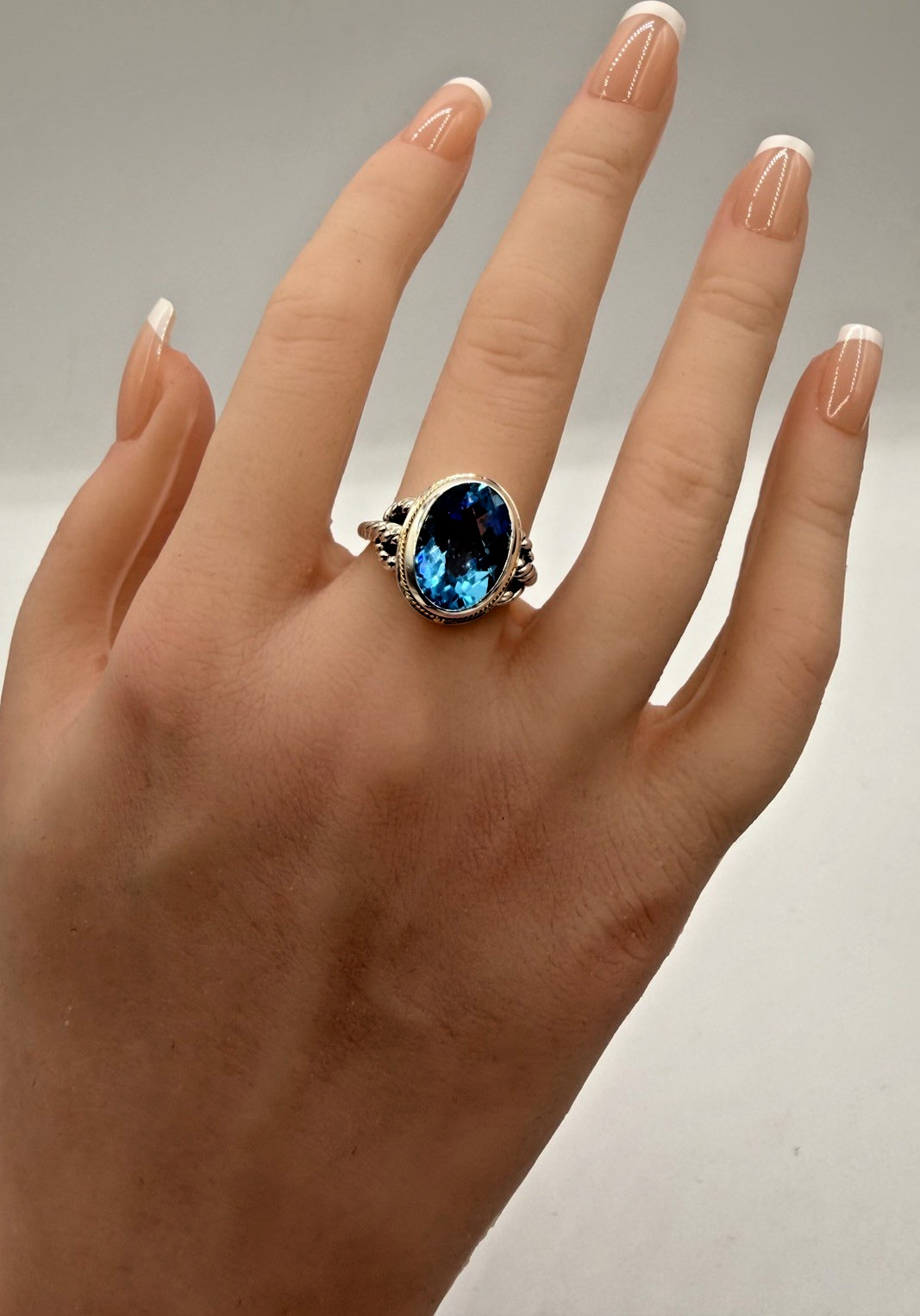 Designer Effy Sterling Silver & 18k Gold Oval Blue Topaz Twisted Cable Ring Sz 7