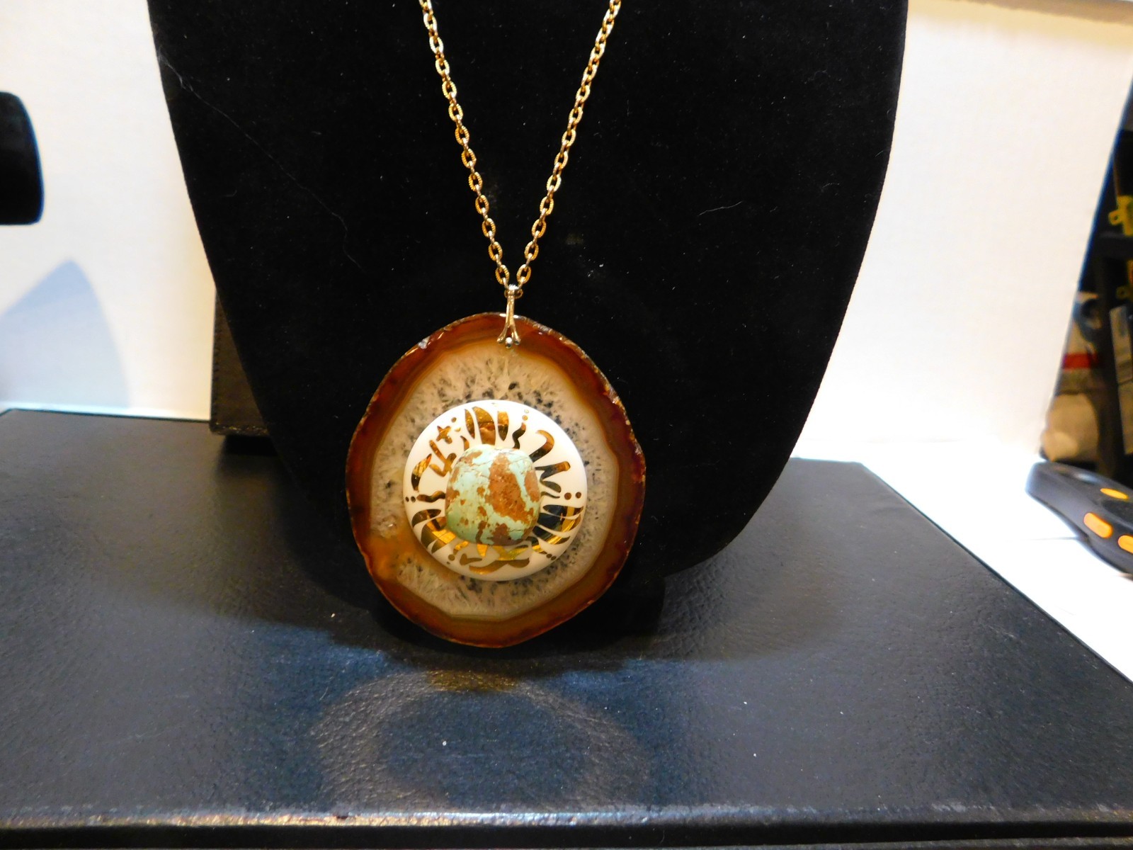 Amulet(3″) Pendant on a 23″ Gold Tone Chain Necklace See Photos