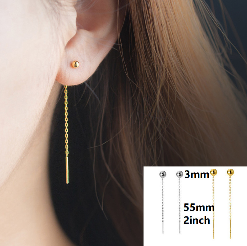 Women Girl Delicate Ball Drop 2″ Threader Earrings Sterling Silver Plated AC1