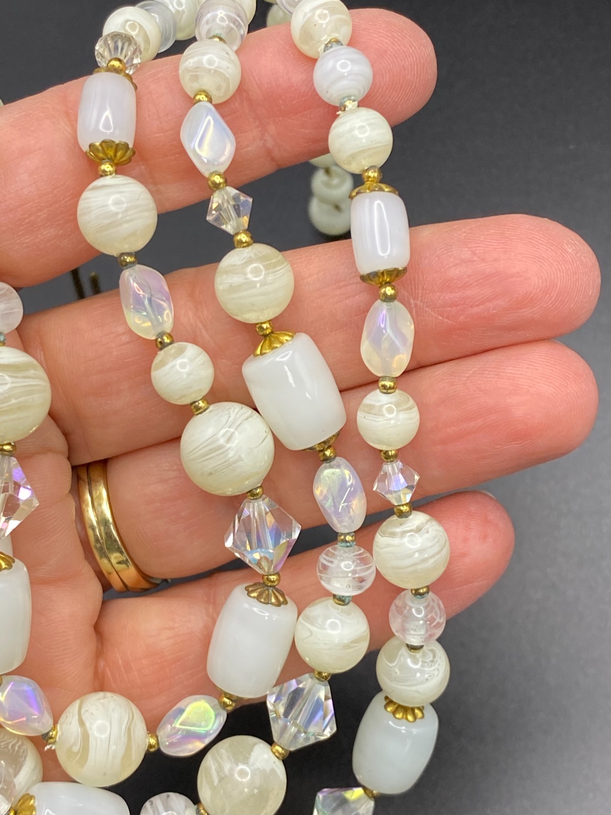 Vintage JAPAN 3-Strand Crystal & Opaline Art Glass Beaded Necklace!