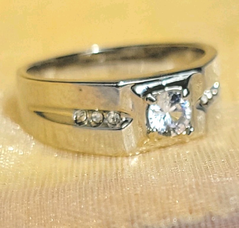 Mens Solitaire Ring White Gold EP 1 CT Simulated Diamonds (pinky)