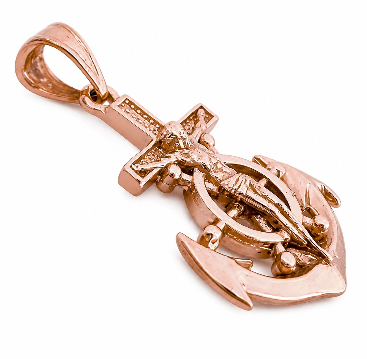 Real 10K Rose Gold Jesus Anchor Cross Pendant Nautical Mariner Ship Wheel