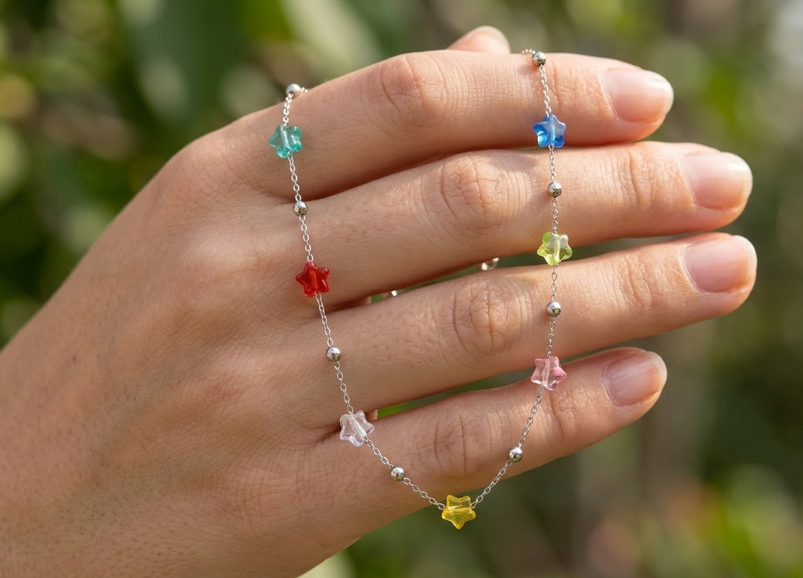 Elegant Silver Tone Minimalist Chain Bracelet with Multi Color Star Cubic