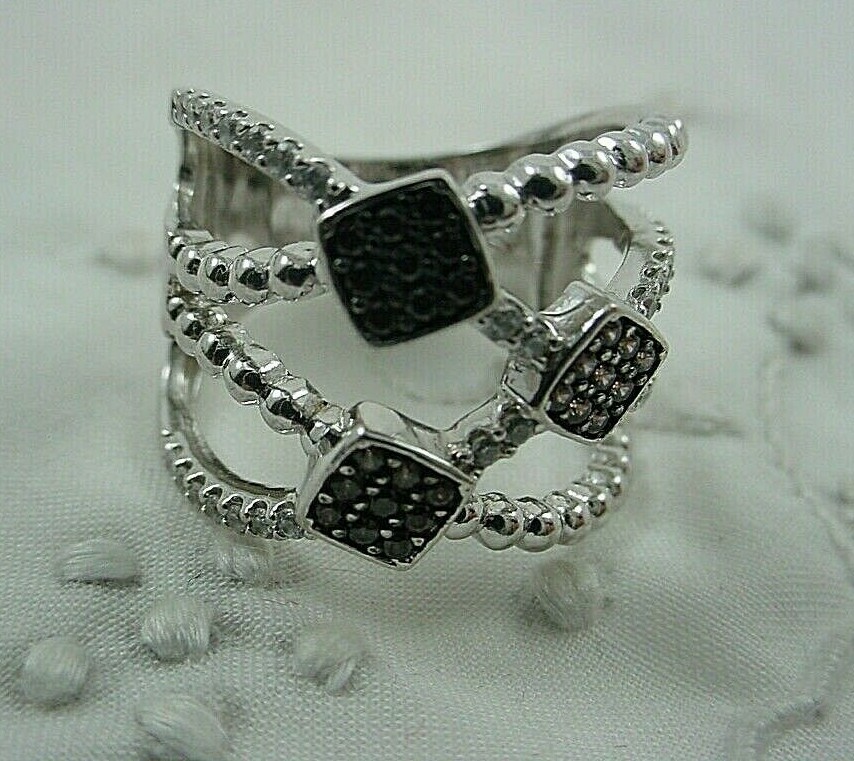 Sterling Silver FUZION CREATIONS CZ & Black Spinel Split Band Ring Size 5.75