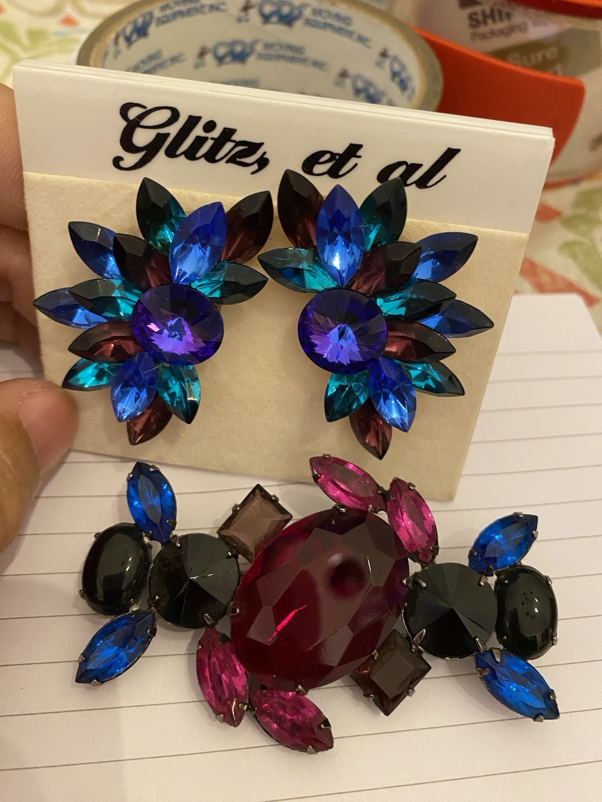 Multi-colored Rhinestone Cluster Clip-on Earrings with Matching Brooch Set