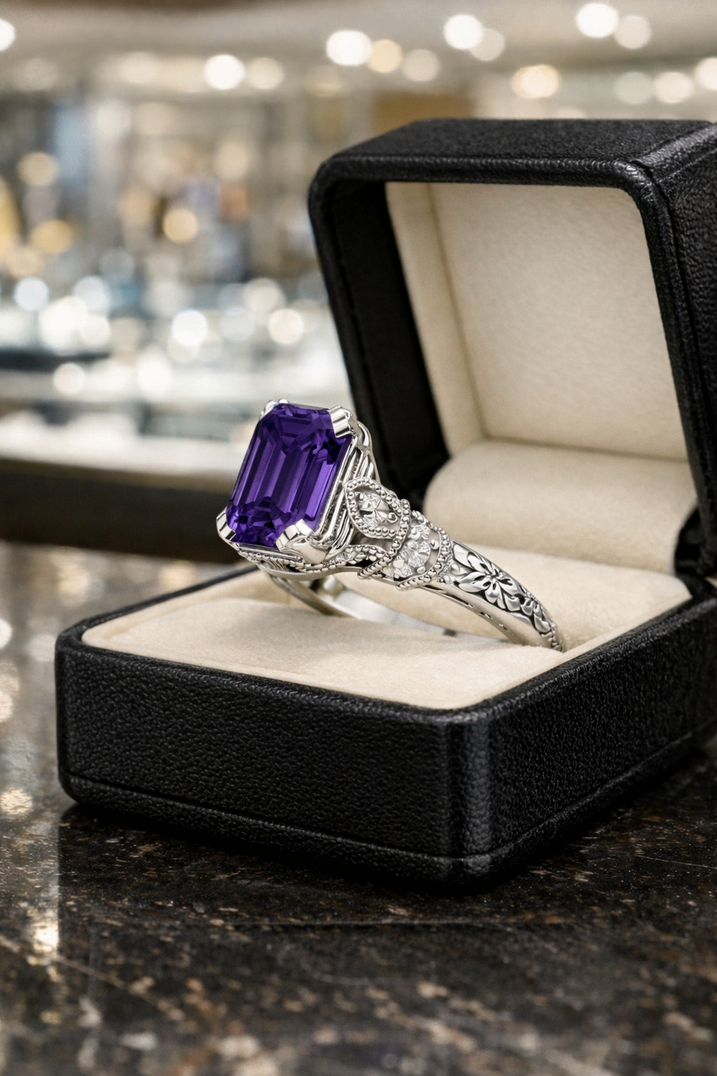 3.20 Ct Emerald Cut Natural Amethyst & Diamond Engagement Ring 14K White Gold 7