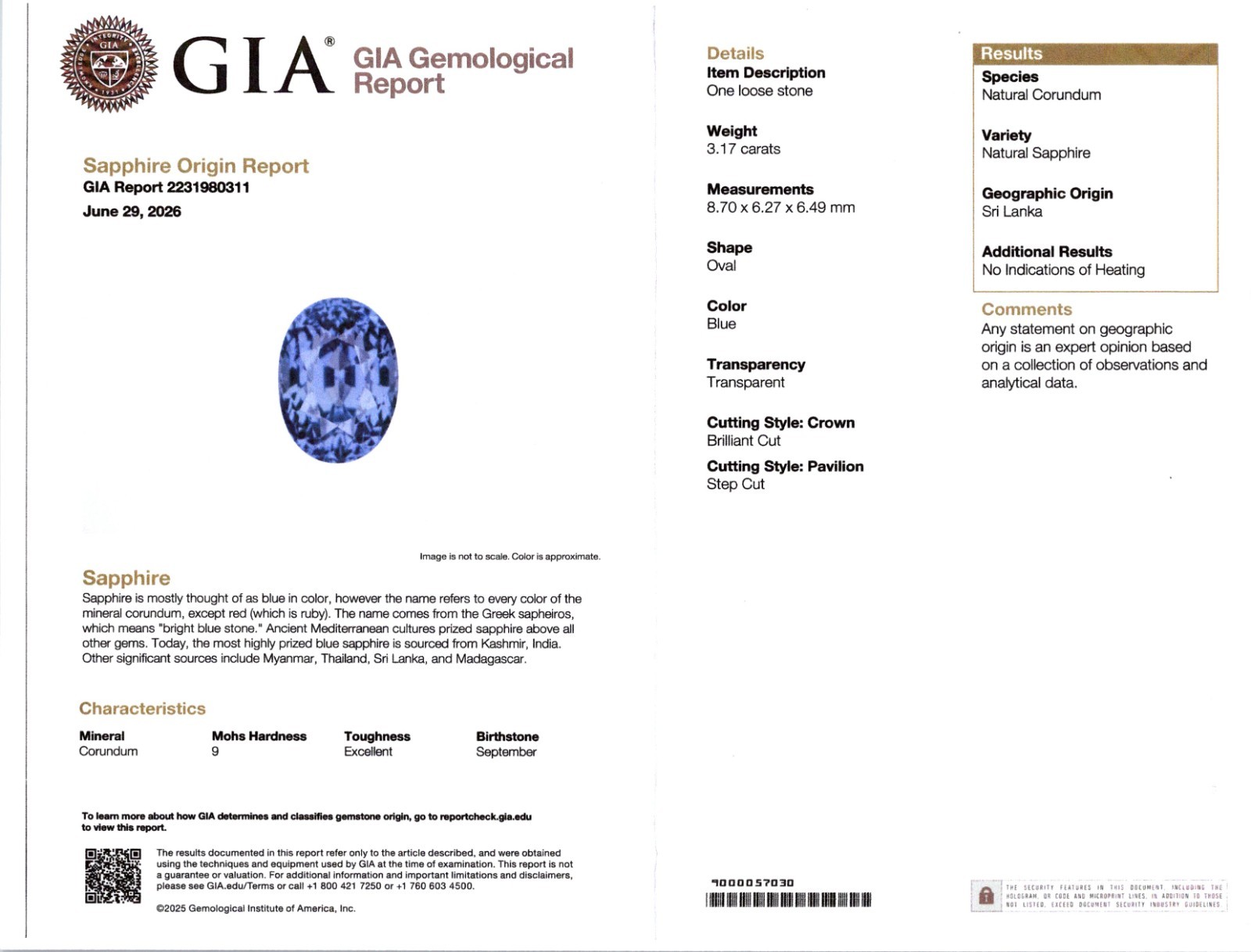 GIA REPORT LOOSE FACETED NO HEAT SAPPHIRE 3.17 CTS. FROM SRI LANKA