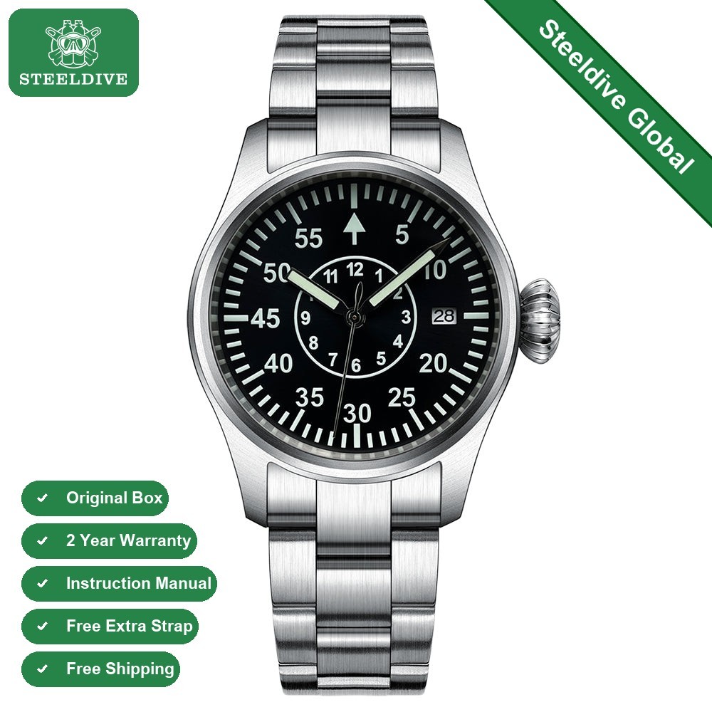 STEELDIVE SD1928T Mens Pilot 39mm 200M Automatic Dive Watch NH35 Sapphire Steel