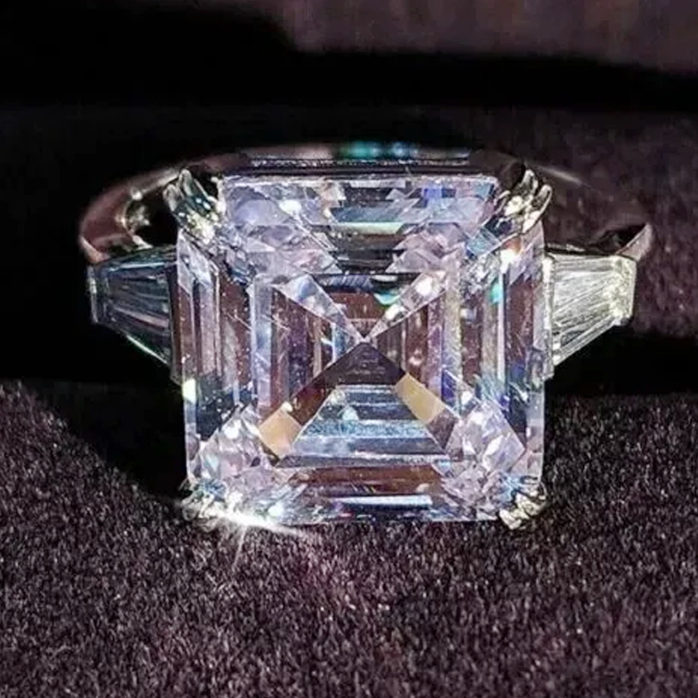 5.99Ctw Asscher Cut Moissanite Three Stone Engagement Ring 14K White Gold Plated