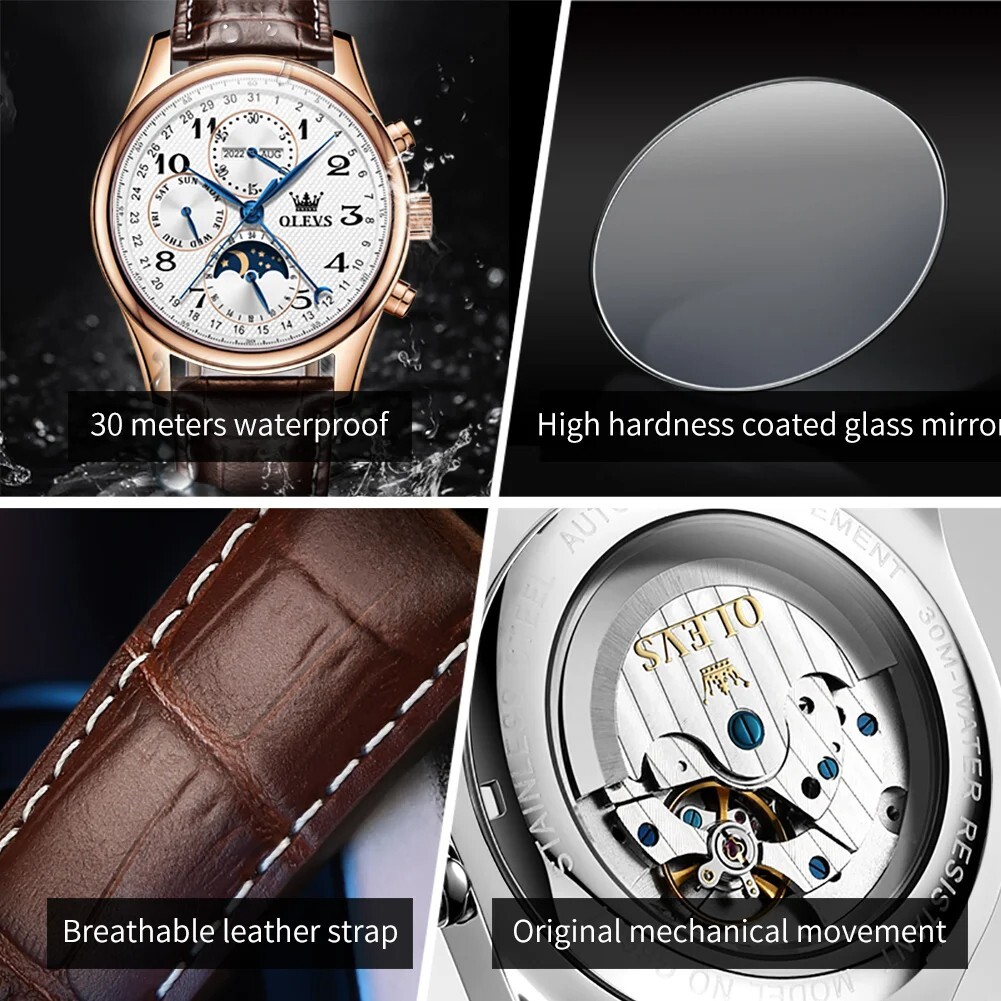 OLEVS Automatic Mechanical Watch Men’s Moon Phase Waterproof Leather Men Strap