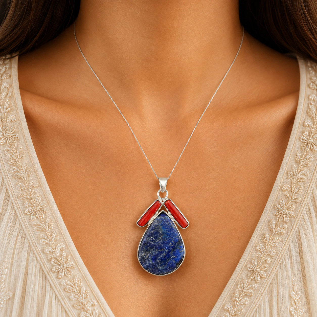 Natural Lapis Lazuli Raw Coral Pendant 925 Sterling Silver Boho Handmade Jewelry