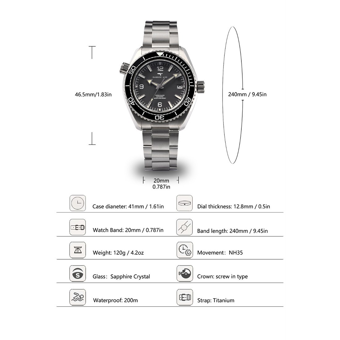 Dagger Axe The Ocean Automatic Titanium Black Steel Sapphire Date Men’s Watch