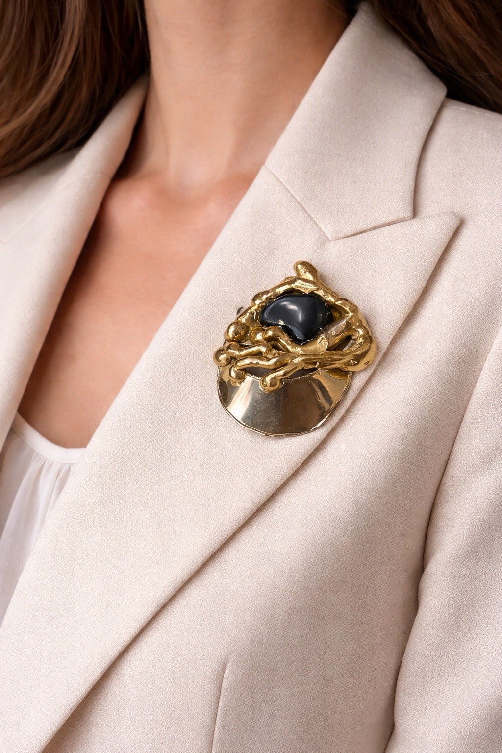 Vintage George Gabriel Mixed Metal Brooch Gold Silver Copper Onyx Gem Modernist