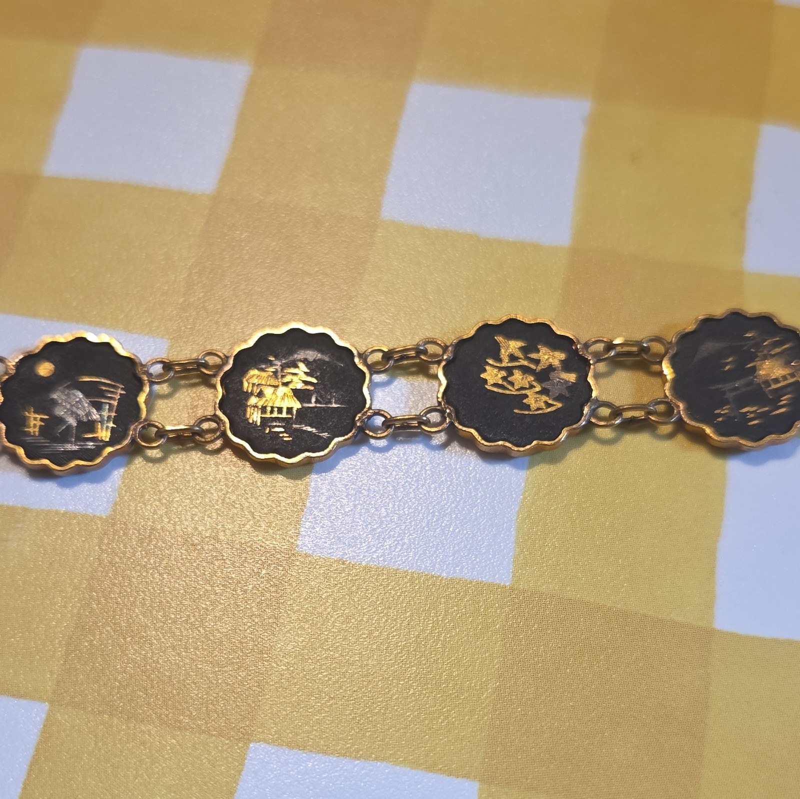 Japanese Scenic Damascene Bracelet Gold & Silver on Brass Medallions Links