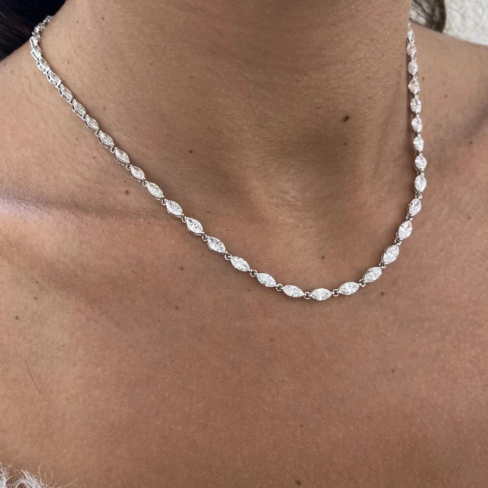 9.3CT Marquise Lab Created Diamond Women’s Tennis Necklace 14K White Gold Finish