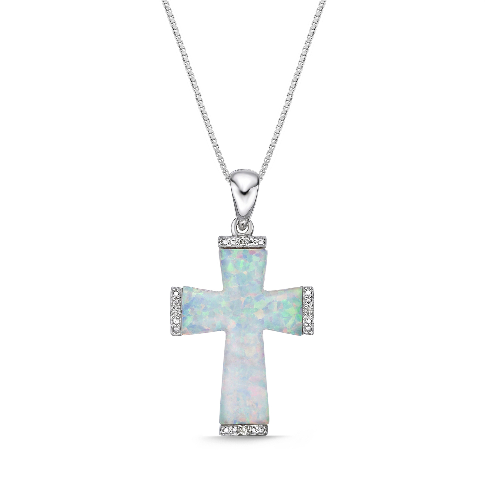 .012 cttw Diamond and Created Opal Cross Pendant in Sterling Silver 18″