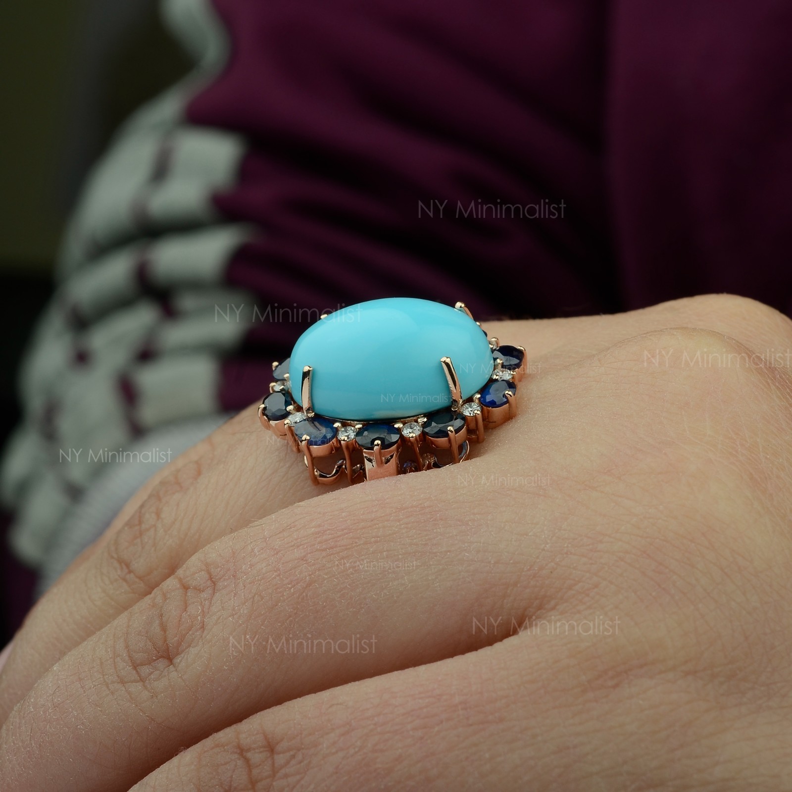 14K Solid Gold Genuine Oval Turquoise Blue Sapphire and Diamond Engagement Ring