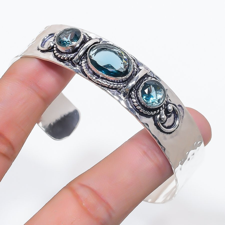 London Blue Topaz Gemstone 925 Sterling Silver Jewelry Adjustable Cuff Bracelet
