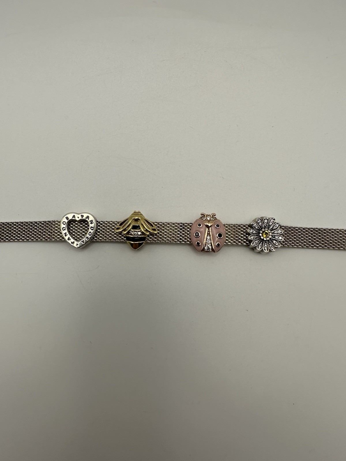 Genuine Pandora Reflections Mesh Bracelet Sterling Silver With 4 Charms 8” Long