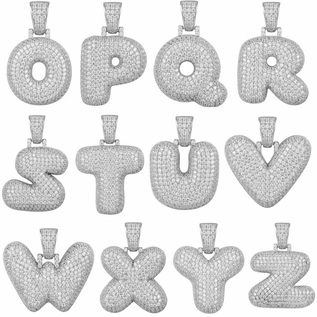 925 Silver Custom Bubble Letters Initial Pendant CZ FULLY ICED A B C D E F G – Z
