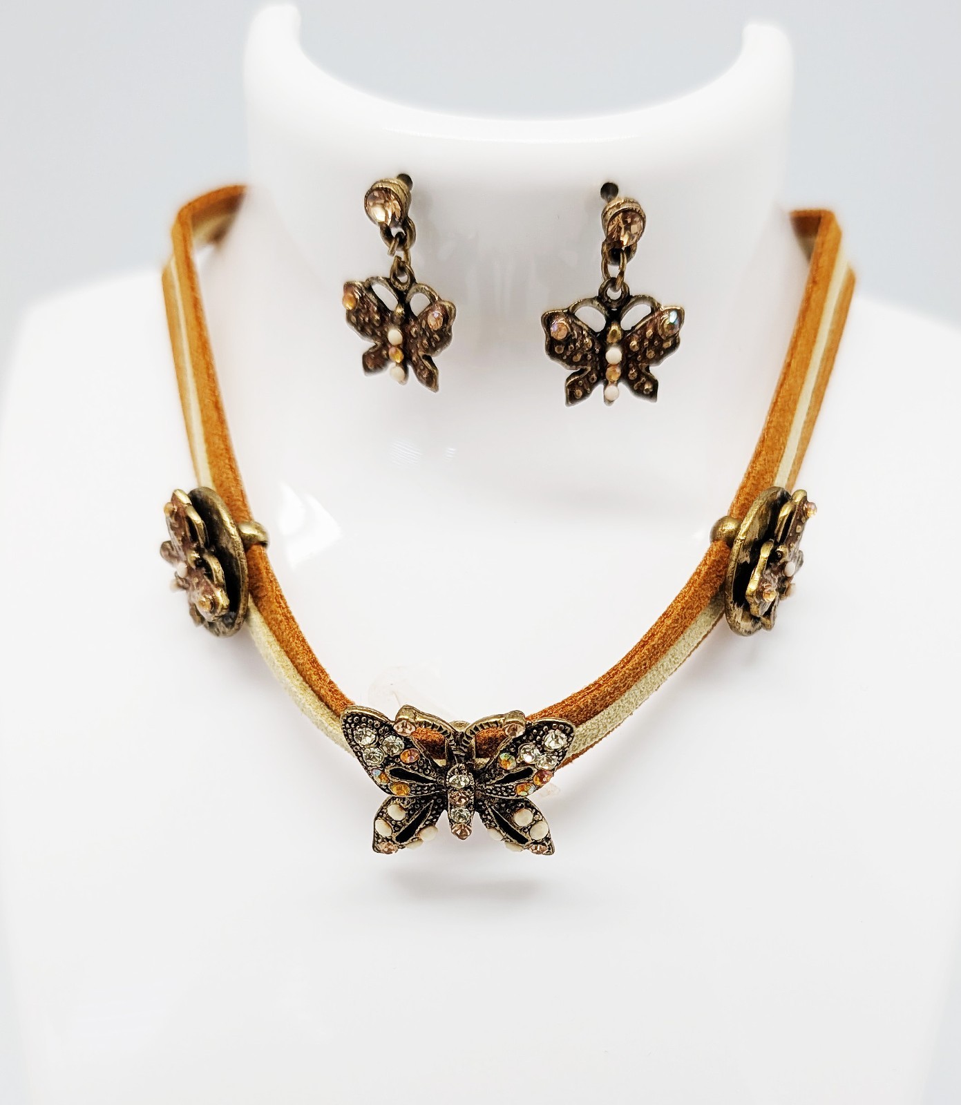 DESIGNER INSPIRED BROWN TAN CRYSTAL BUTTERFLY SLIDER CHARM CHOKER JEWELRY SET