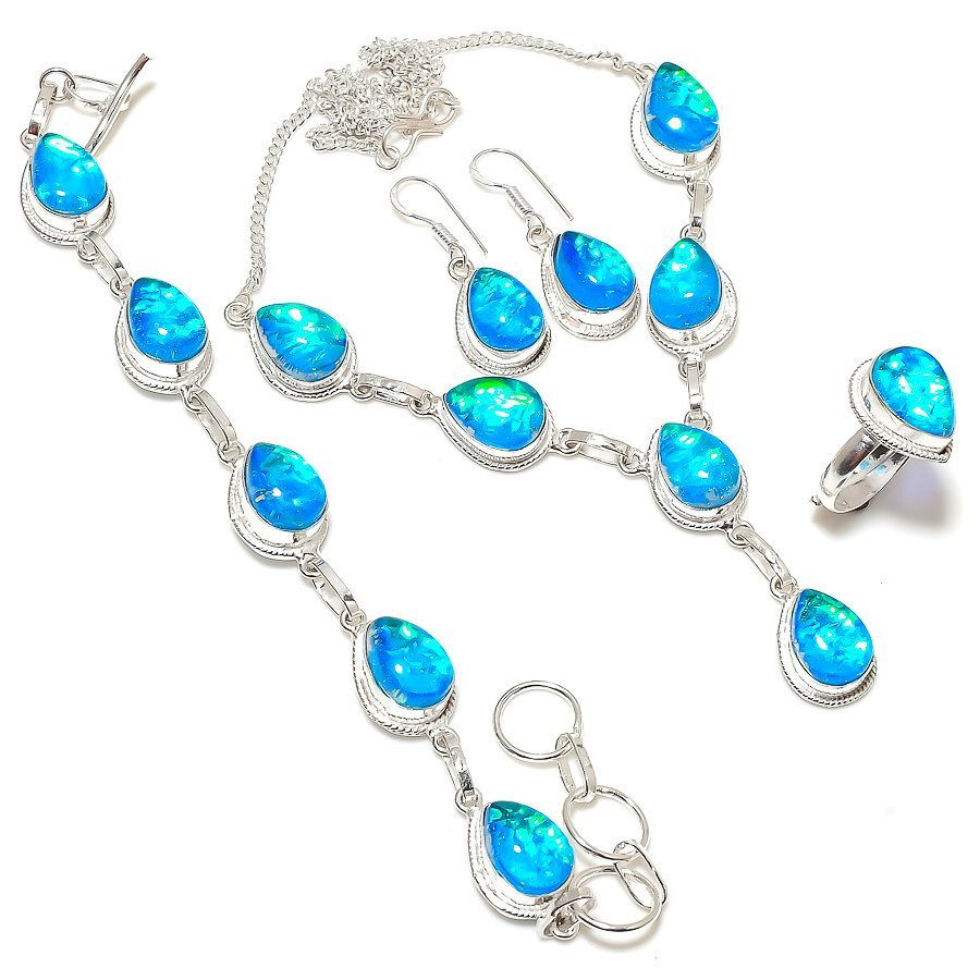 Blue Triplet Opal Gemstone 925 Silver Handmade Jewelry Set