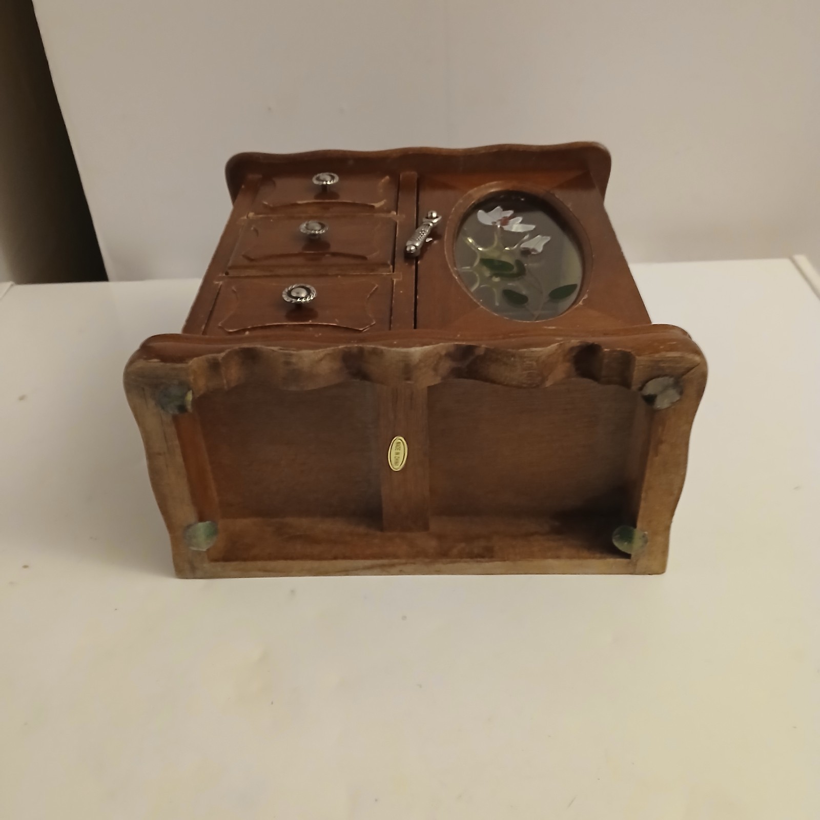 Vintage Ladies Walnut Finish Wooden Jewelry Box Stained Glass Mirror