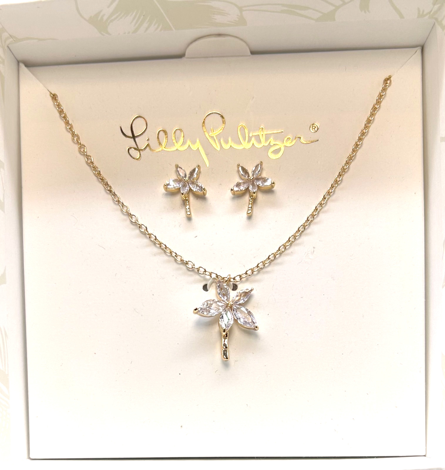 Lilly Pulitzer Gold Tone Rhinestone Sparkling Palm Tree Necklace Earring Set NWT