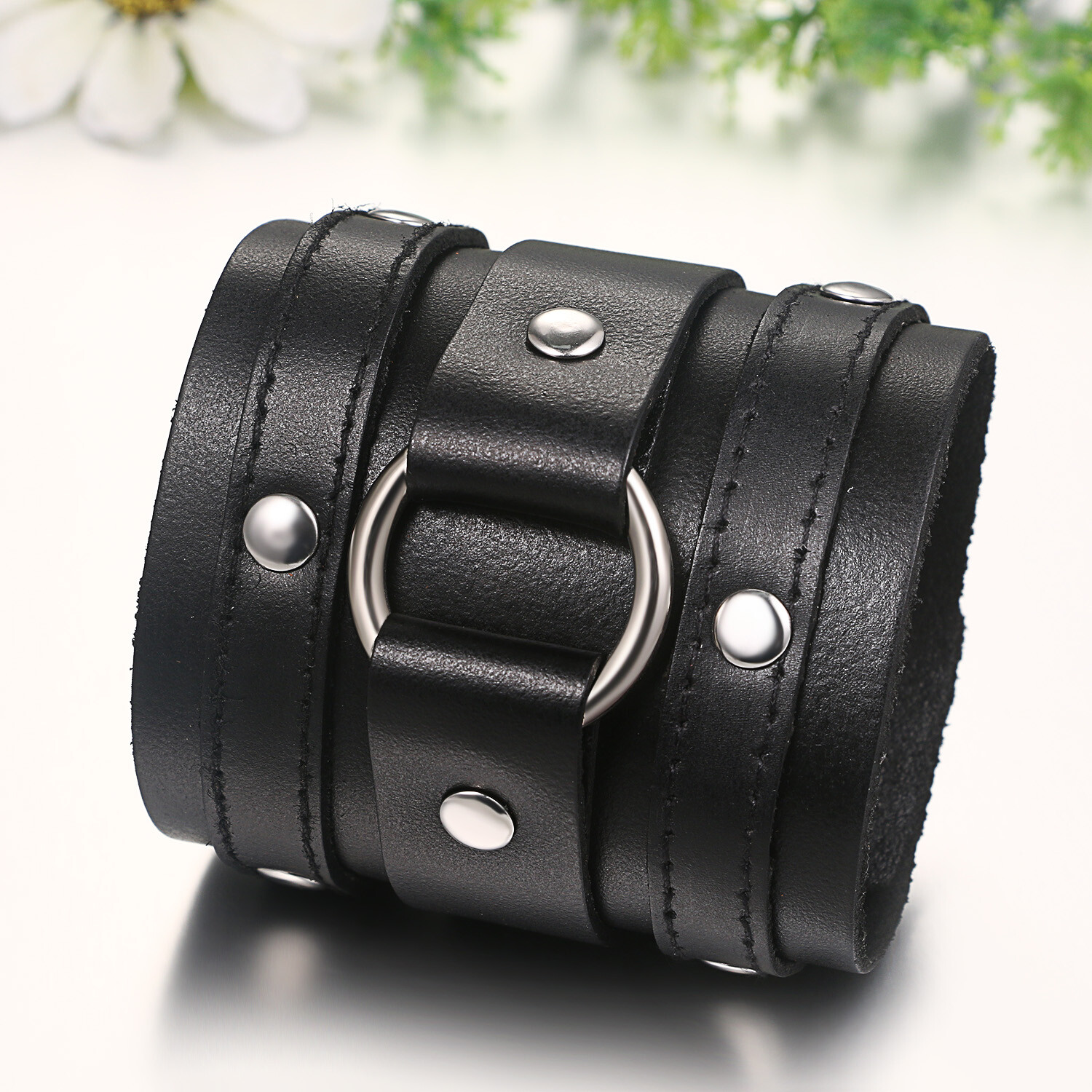Men’s Punk Rocker Biker Gothic Heavy Wide Leather Straps Wristband Cuff Bracelet