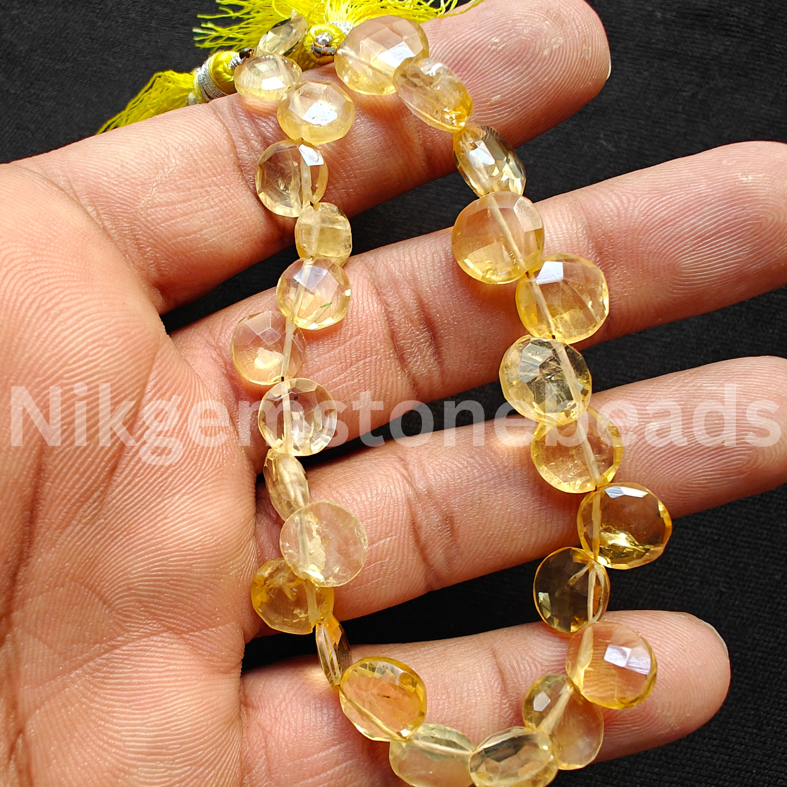 Natural Yellow Citrine Gemstone, Briolette Faceted Coin Cut Beads, 8.25-11.50 MM