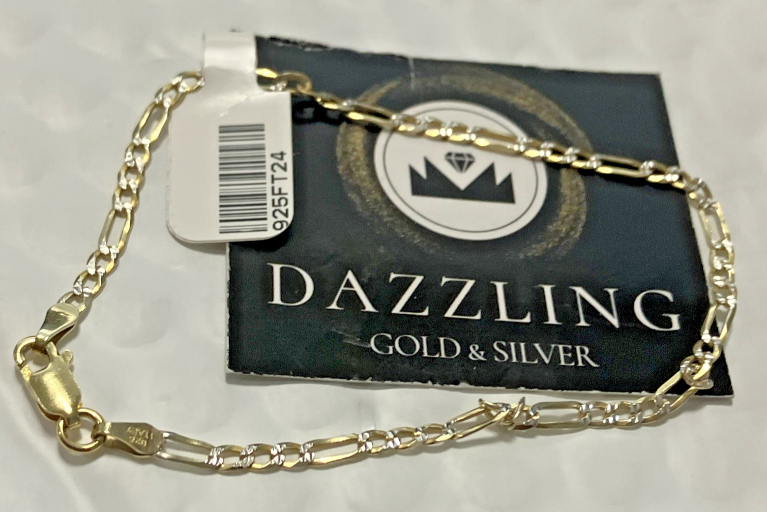 925 Sterling Silver Italy Solid Figaro Bracelet 2Tone-Gold 2.4grams 2.7mm 8” New