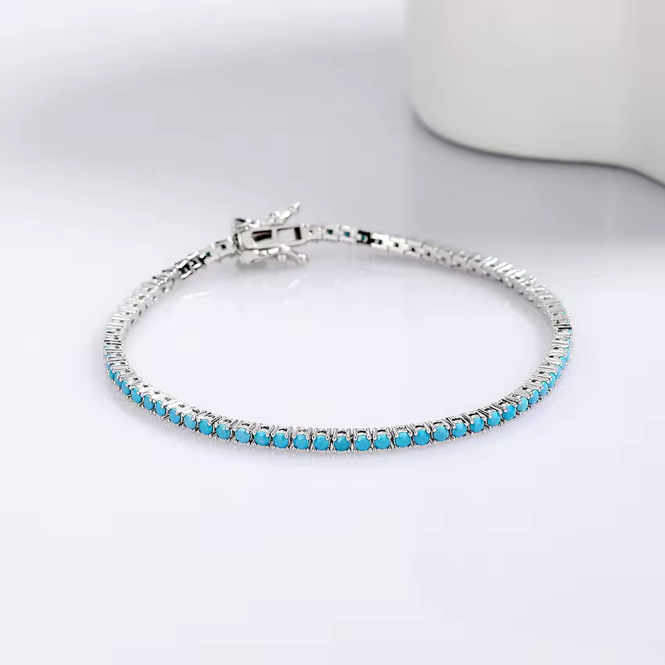 2MM Round Blue Sleeping Beauty Turquoise Women Tennis Bracelet in 925 Silver