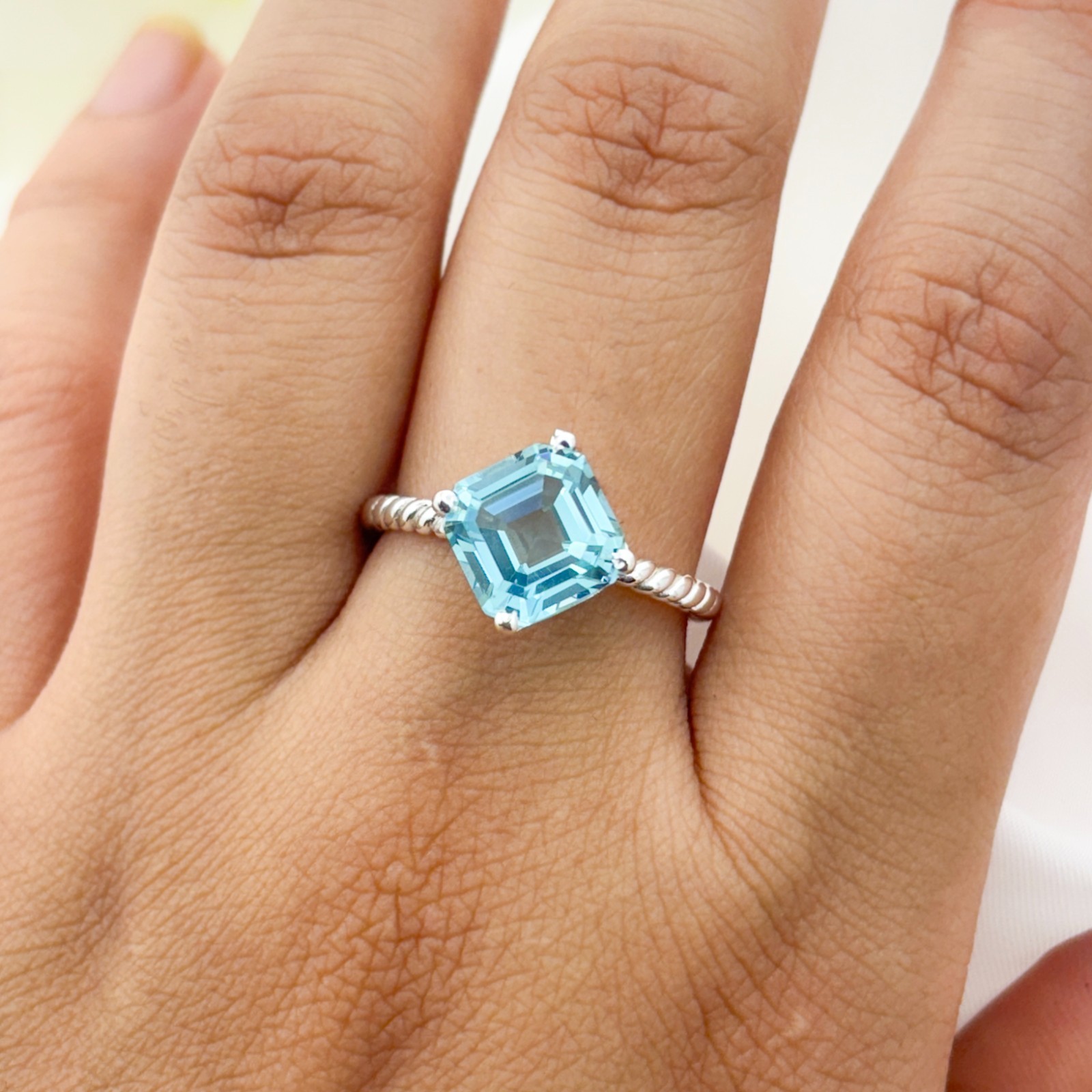 Aquamarine Asscher Cut 9m Ring Engagement Women Gemstone Handmade Jewelry Gift