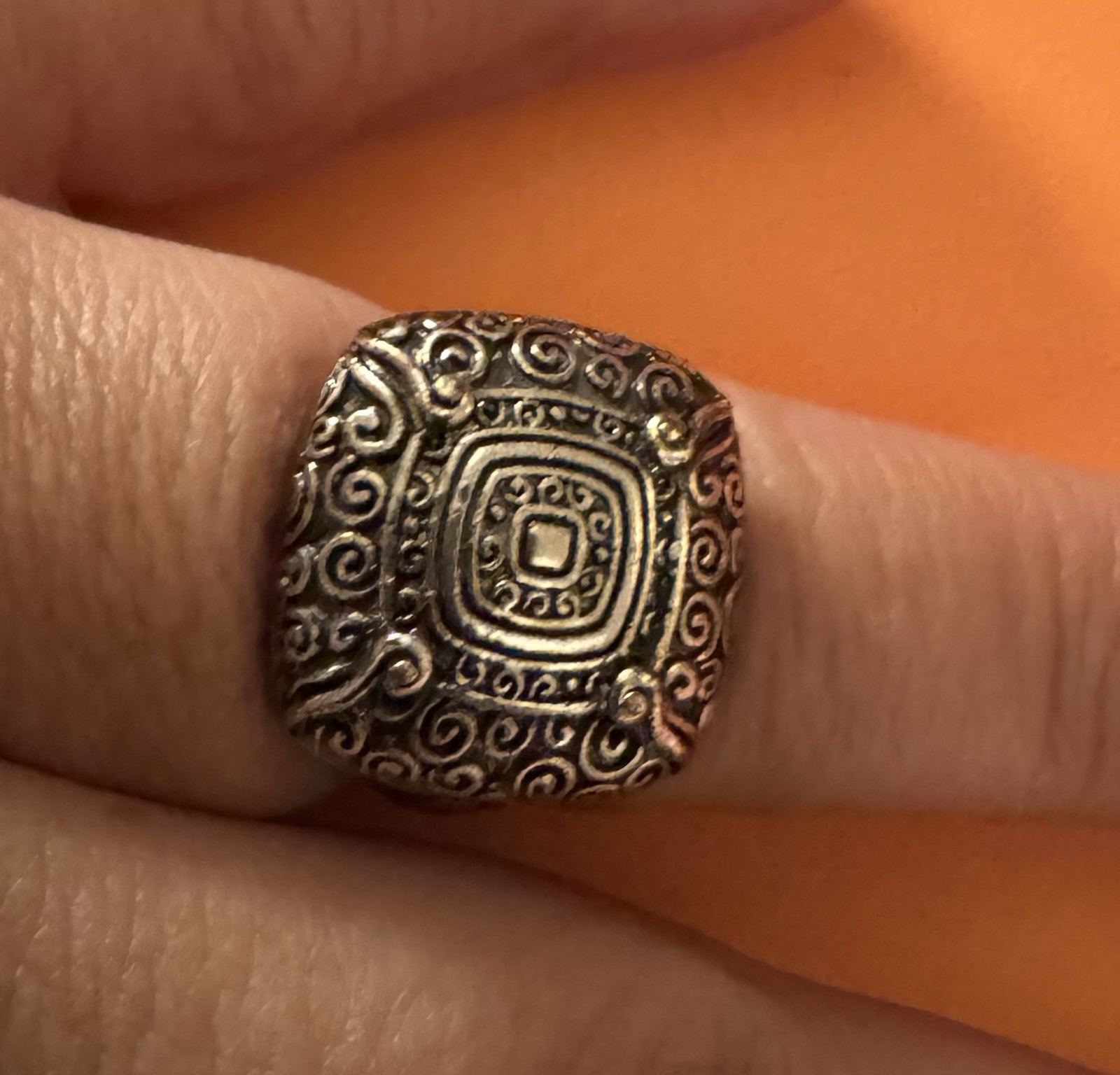 Silver Colored Square Cushion Ring With Etchings