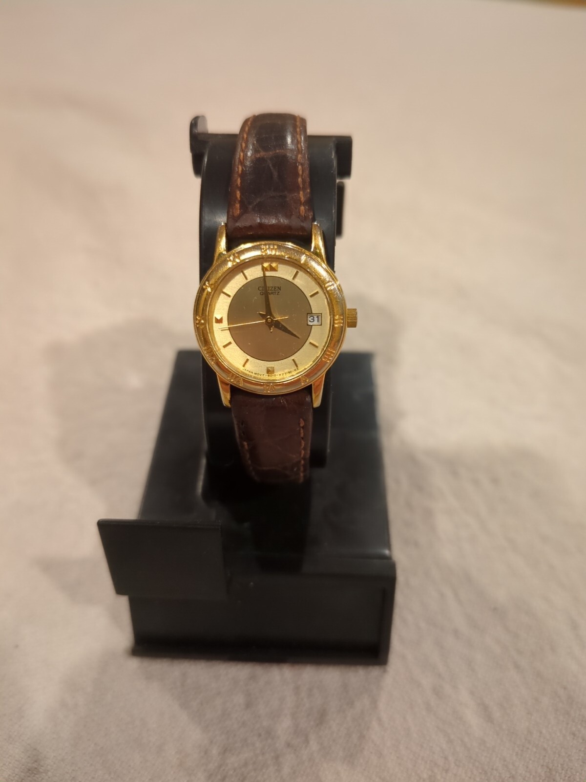 CITIZEN UNISEX GOLDTONE BROWN LIZARD PRINT LEATHER DATE WATCH WORKING! READ.