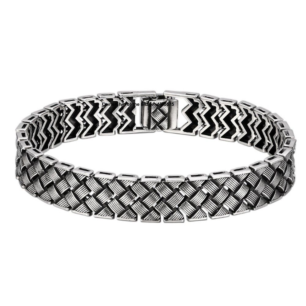 Pure 925 Sterling Silver 12mm Woven Pattern Link Men’s Bracelet 7.5-8.3inch