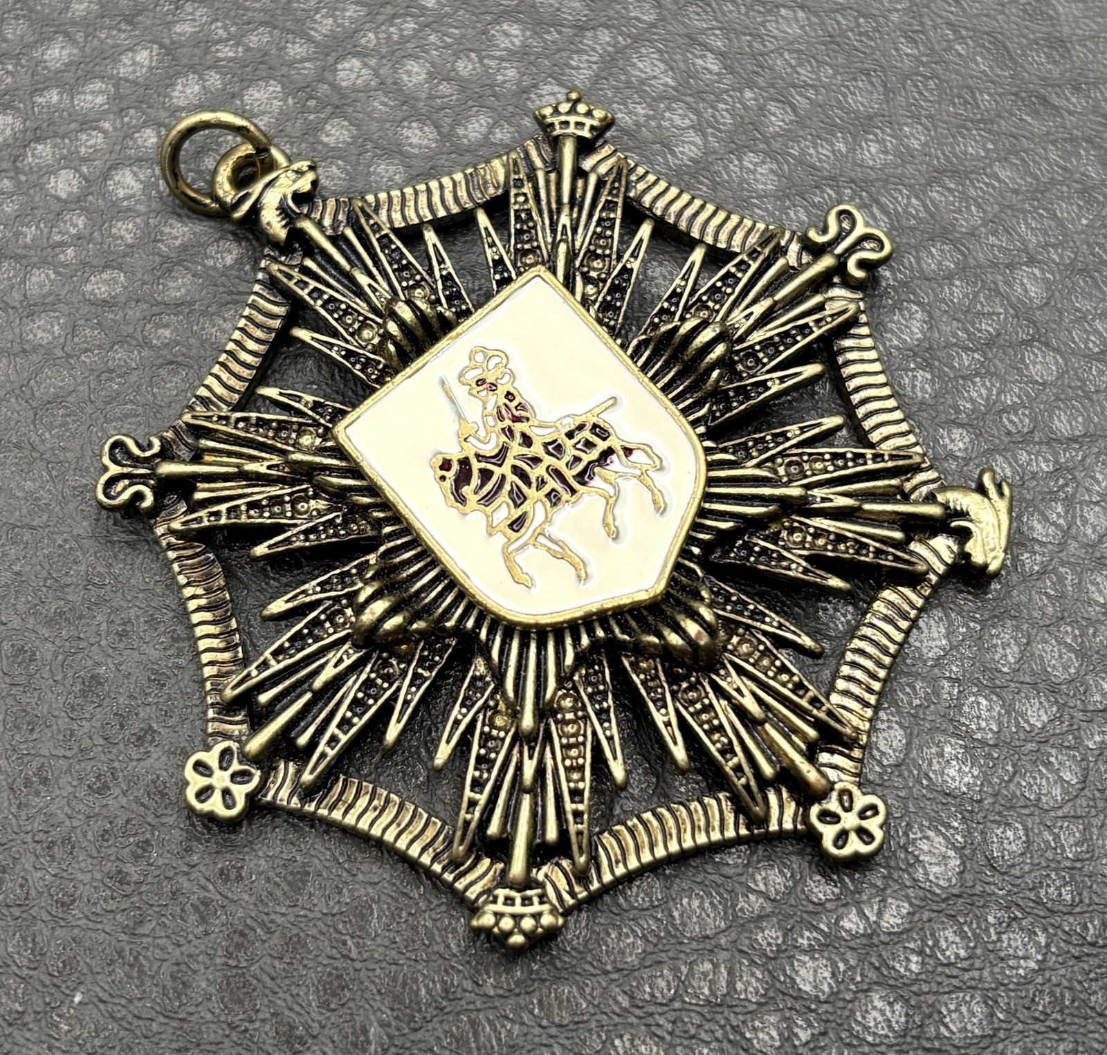 Vintage Large Heraldic Lion Knight Rampant Coat of Arms Pendant Brass Tone