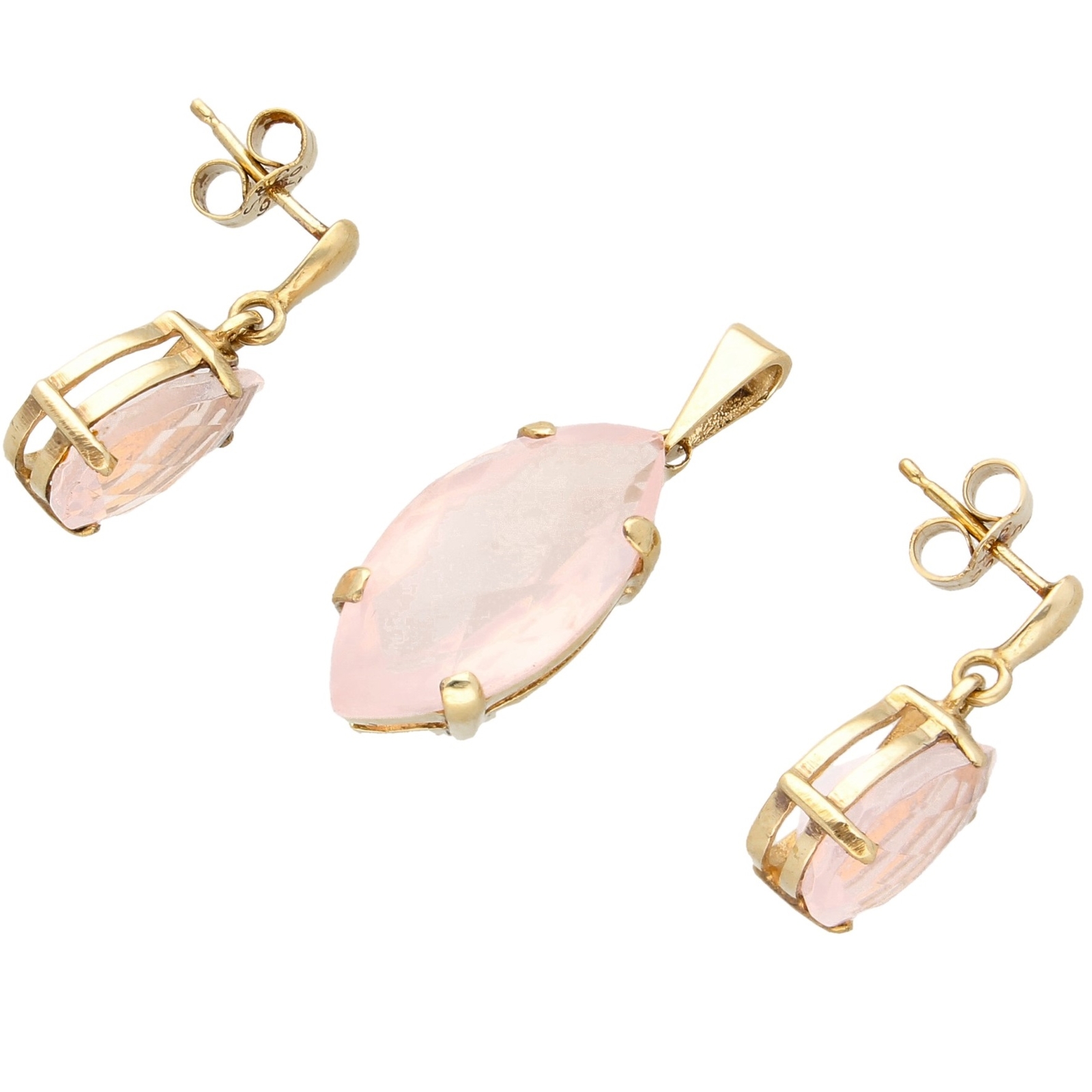 9Carat Yellow Gold Marquise & Pear Cut Rose Quartz Earrings & Pendant Set