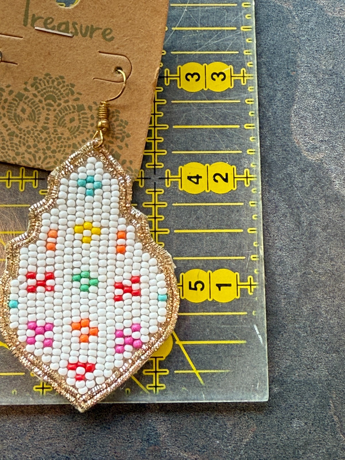 Earrings White w/Colorful designs Hand Beaded Artisan Style by Treasure #105-01