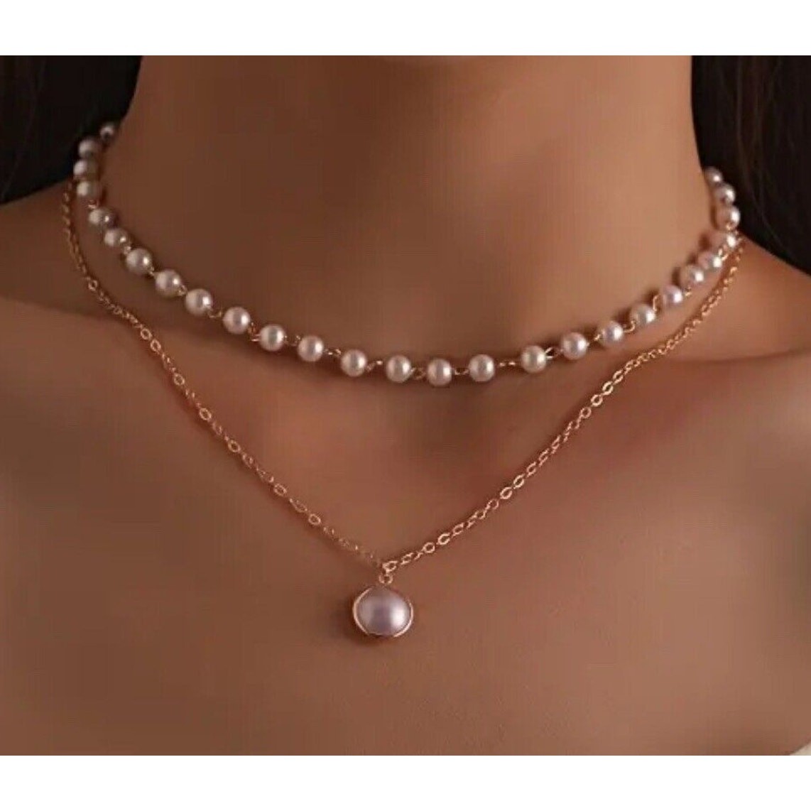 Gold Tone Necklace Bracelet (2 Piece Set) Faux Pearl Trendy Chic Fashion NEW