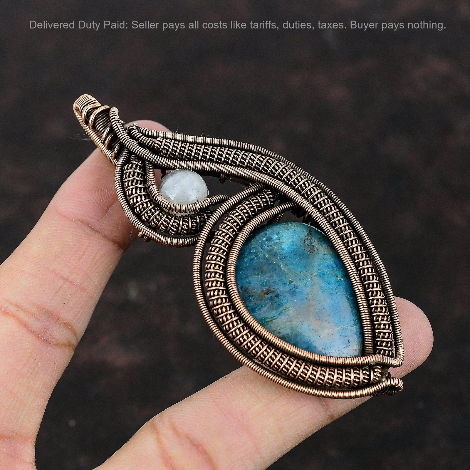 Copper Pear Natural Neon Apatite Rainbow Moonstone Elegant Wire Wrapped Pendant