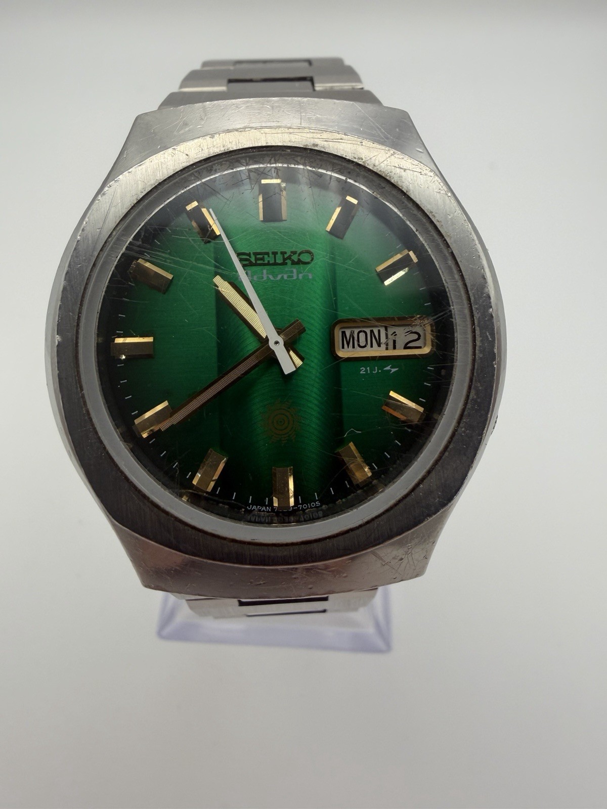 Vintage Seiko Debonair Automatic Green Dial Day Date Stainless Steel Watch