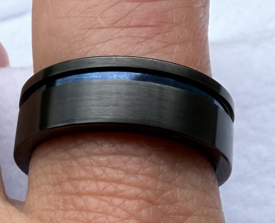 Zales Triton Men’s 8mm Black/Blue Tungsten Comfort Fit Engraved Band 10