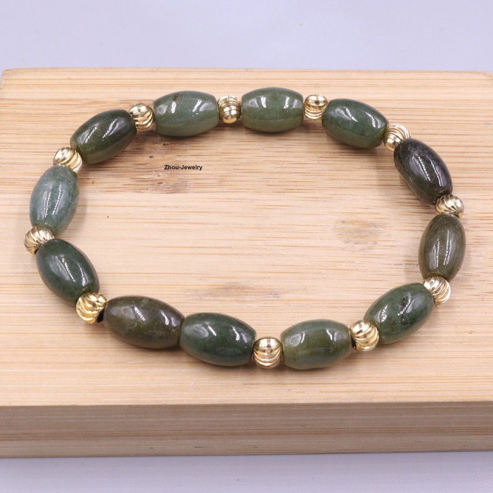Handmade Natural Oil-Green Jade 10mm Oval Bead Women’s Elastic Bracelet