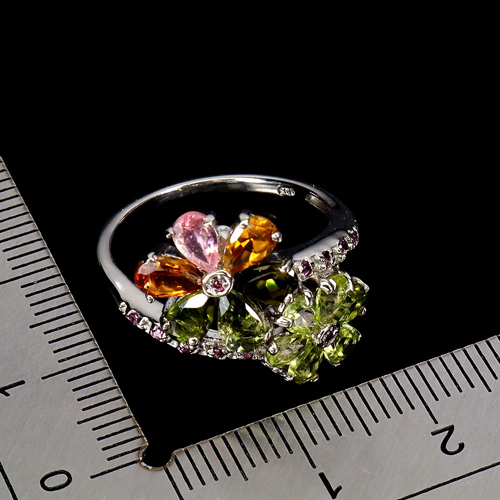 925 Sterling Silver Ring Pear Tourmaline Rhodolite Topaz Gemstone Jewelry Size 7